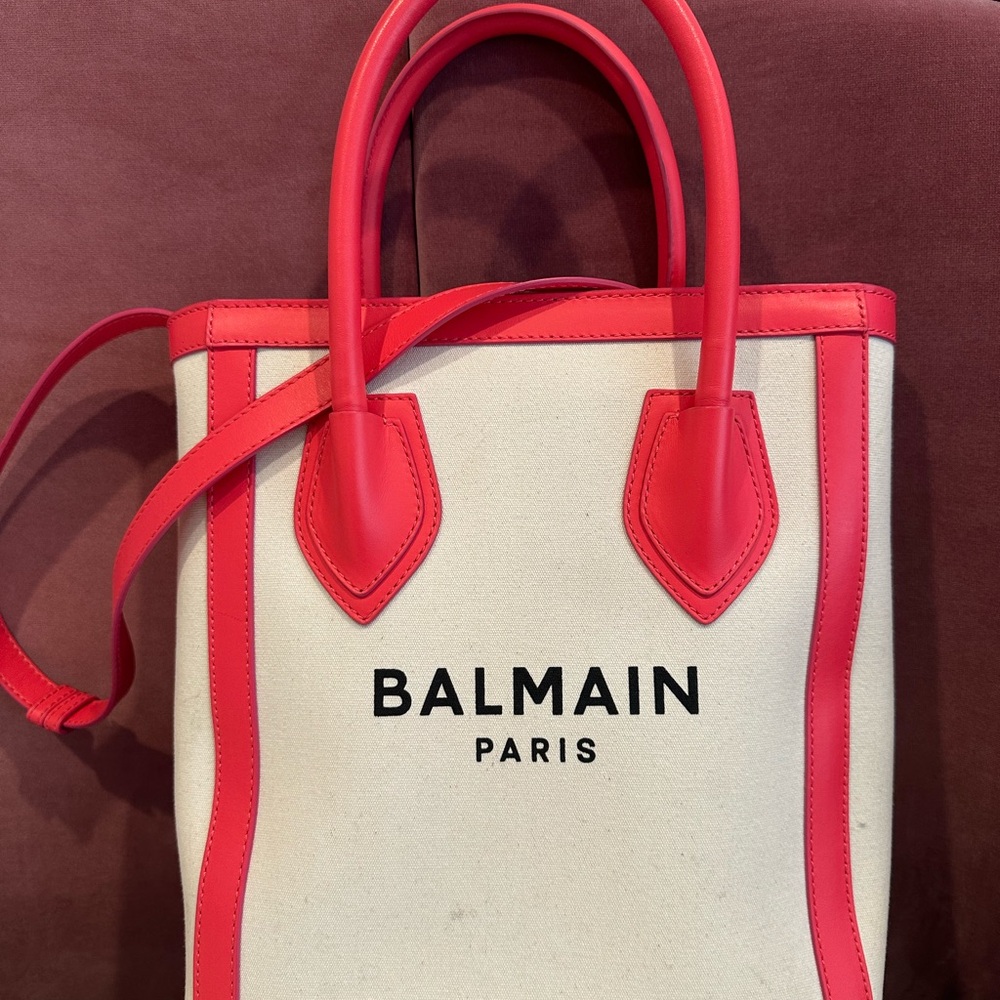 Balmain Cream and Pink Tote Bag with Structured Design